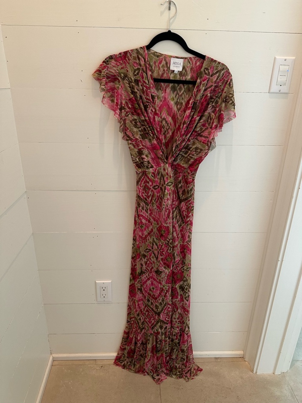 Misa Los Angeles Pink & Olive Ikat-Print Maxi Dress